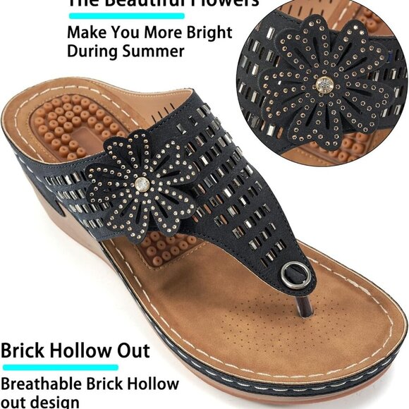 Women Wedge Sandals Flip Flops Cushion Footbed Rubber Sole Summer Shoes - Picture 4 of 7